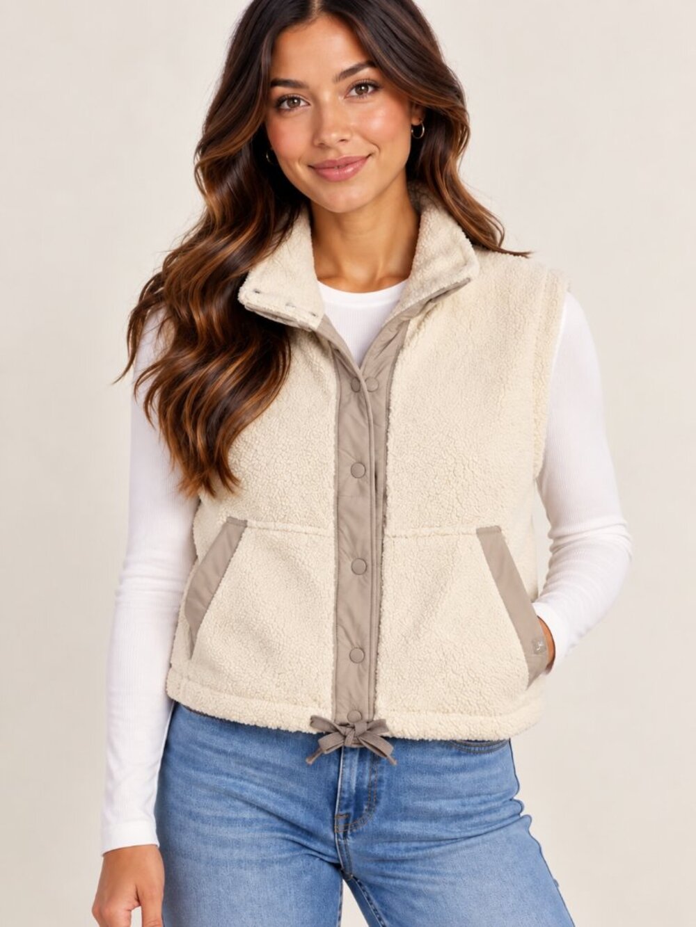 NWT JoyLab Cream Sherpa Fleece Vest Adjustable Drawstring Large